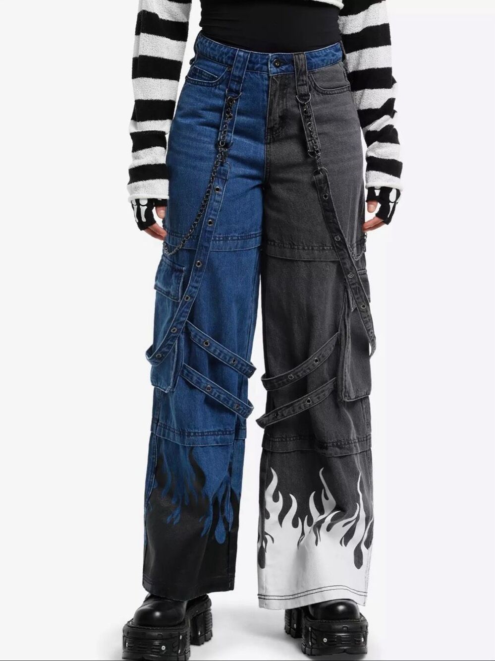 Hot Topic Flame Suspender Split Cargo Jeans Size 7/29” Nwot